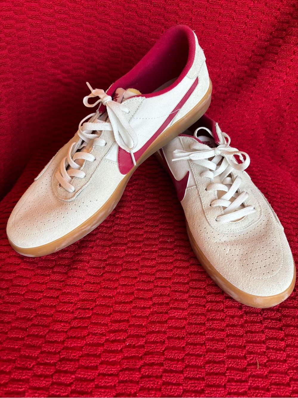 Nike White Sneakers with Red Swoosh and Gum Outsole